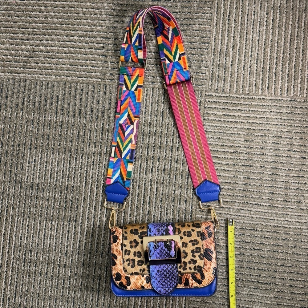 Boutique Style Cheetah Blue Multicolor Purse Crossbody Bag With Gold Detail